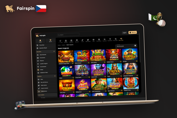 Přehledné rozhraní Fairspin Casino na PC s kategoriemi her a tmavým motivem