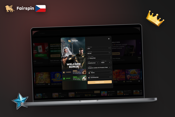 Registrační formulář Fairspin Casino CZ s poli pro e-mail, heslo a výběr měny